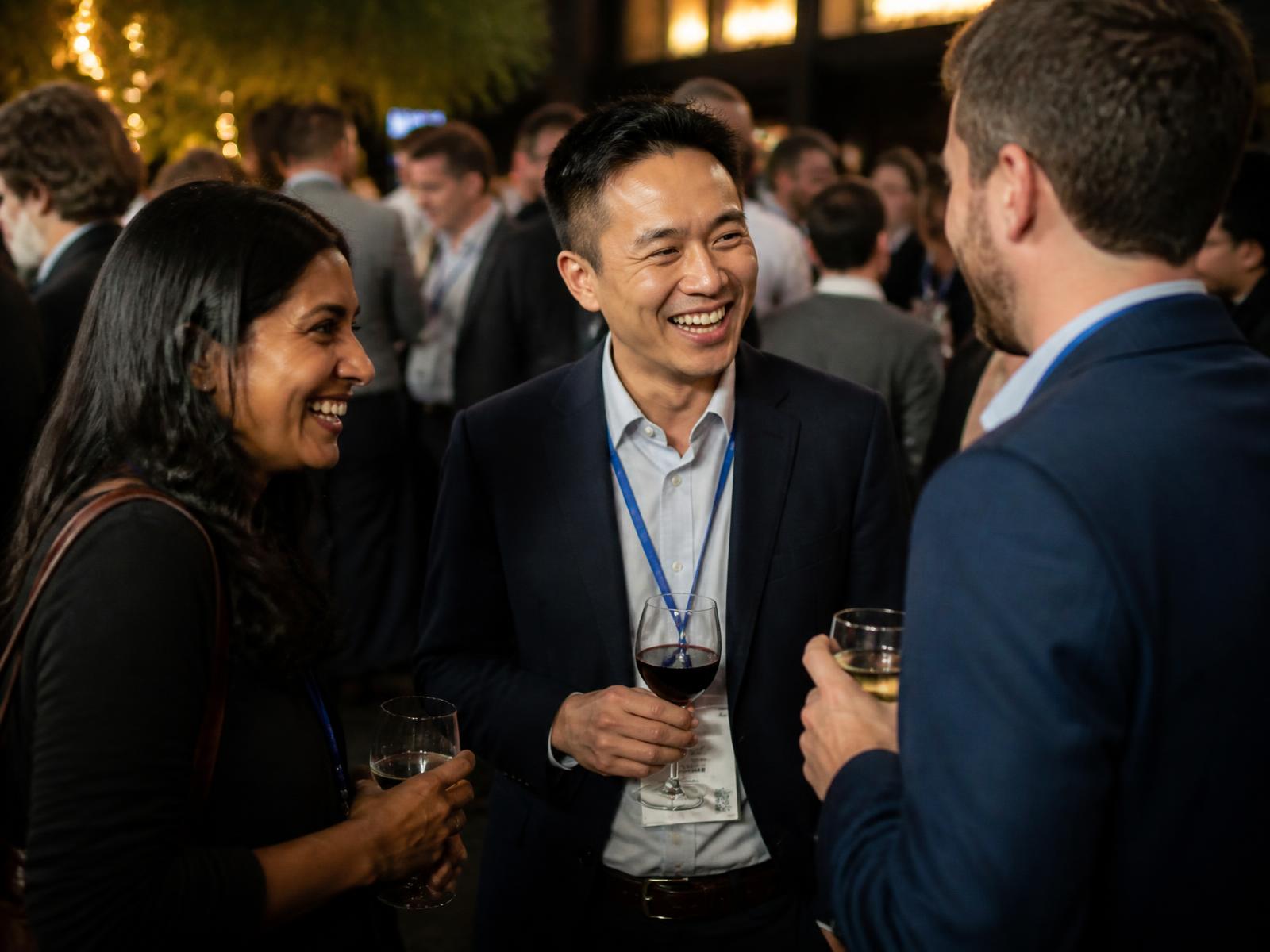 Long Island professionals talking and laughing together at a LIBA networking event