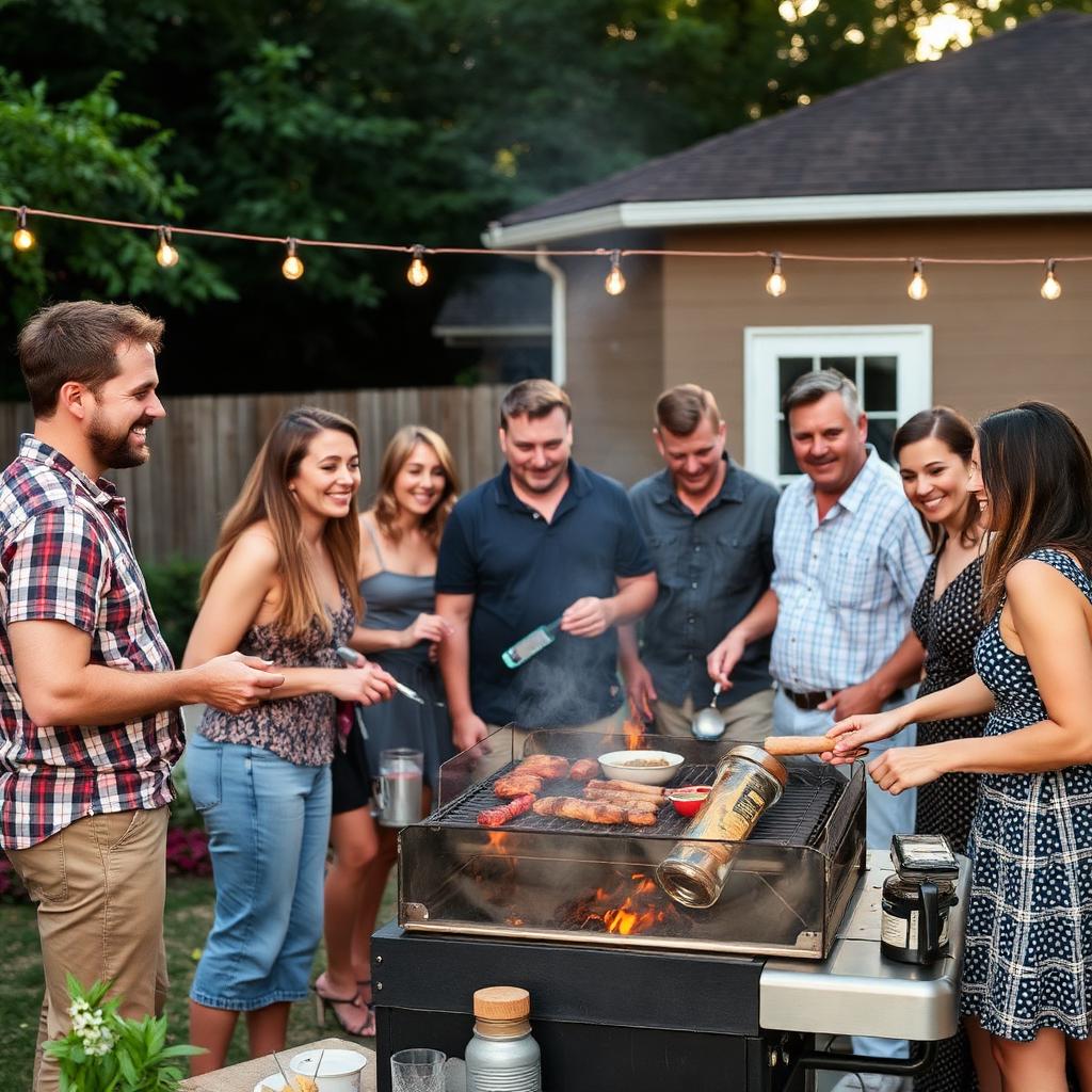 Members and families at a backyard barbecue
